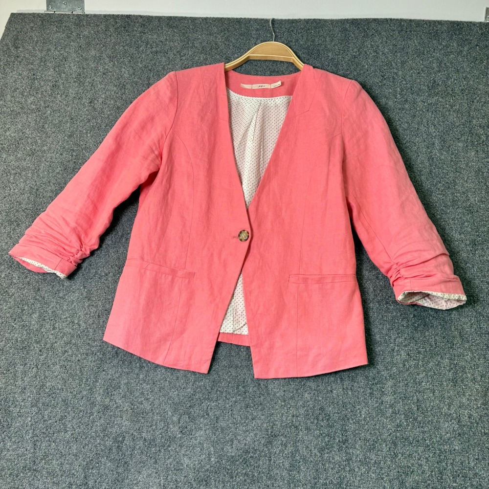 Gibson Linen Blend Blazer Ruched 3/4 Sleeve Button Front Coral Medium